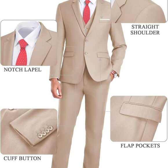 Classic Men's 3-Piece Slim Fit Suit - Business Jacket, Vest, and Tie Included - Picture 4 of 6